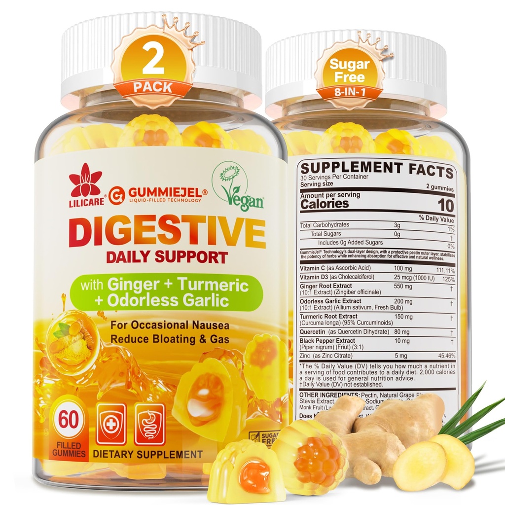 Τσίχλες Ginger Gummies για Nausea & Digestive Υποστήριξη, Στομάχι ανακούφιση, Ζάχαρη δωρεάν με Turmeric, Odorless Σκόρδο, Quercetin, βιταμίνη D3,Συμπληρώματα δυσπεψίας για Περιστασιακά Bloating & Gas, 2Pack