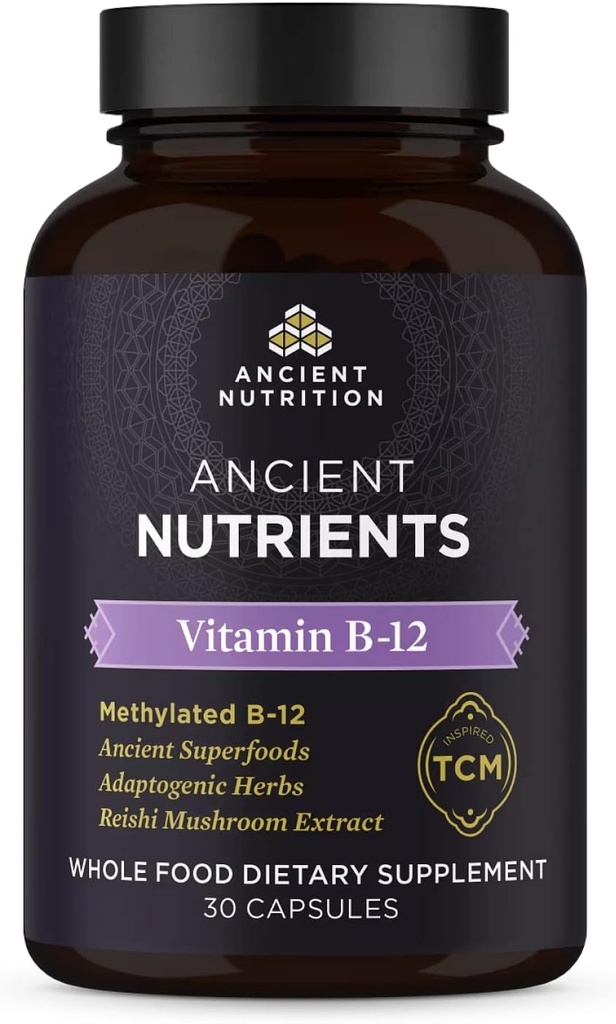 Ancient Nutrition Vitamin B12 Supplement, Supports Energy Metabolism and Nervous System Health, Adaptogenic Herbs, Enzyme Activated, Paleo & Keto Friendly, 30 Capsules