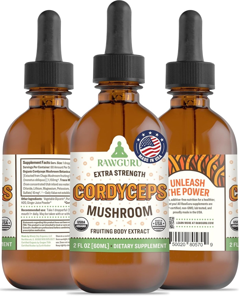 RawGuru Cordyceps Mushroom Supplement - Vegan Cordyceps Extract with Trace Minerals - Nano-Processed Immunity Boost & Cognitive Supplement Tincture - 60 Σερβιέτες Vegan Drops ανά 60 ml, Συσκευασία 1