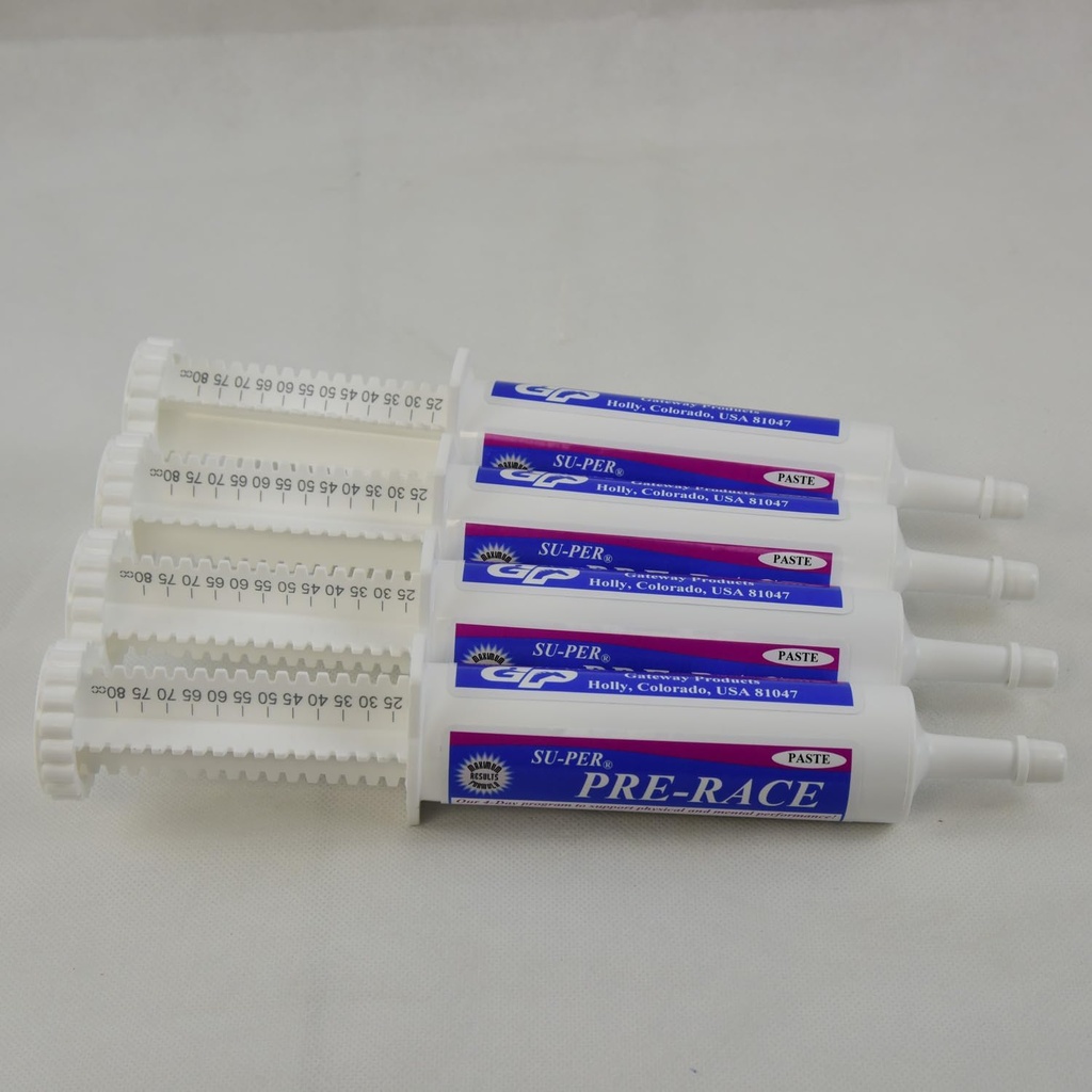 SU-PER Pre-Race Paste for Horses - Υποστήριξη απόδοσης για την άσκηση μυών - Ρυθμισμένη κρεατίνη, Αμινοξέα, Εκχυλίσματα βοτάνων, Αντι-Οξιαντικά, B-Complex Vitamins - 60CC, περίπτωση των 4