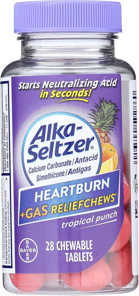 Alka-Seltzer Heartburn + Gas ReliefChews - Ανακούφιση Heartburn, Gas, Acid Indigestion, and Sour Stomach - Tropical Punch Flavors - 28 Count