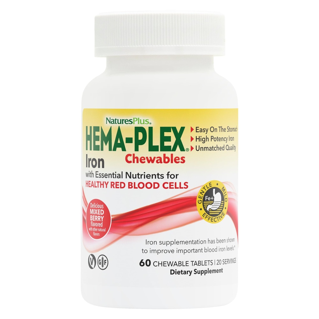 Natures Plus Hema-Plex Iron - 60 Mixed Berry Chewables - 85 mg Elemental Iron - Ολική Υγεία του Αίματος - με Βιταμίνη C & Bioflavonoids - Vegan, Χωρίς Γλουτένη - 20 Σερβιέτες