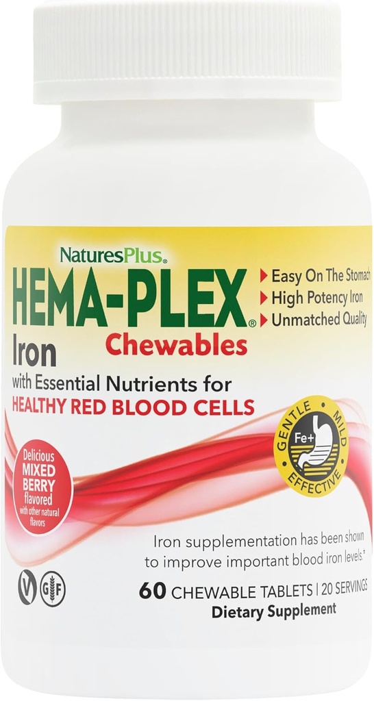 Natures Plus Hema-Plex Iron - 60 Mixed Berry Chewables - 85 mg Elemental Iron - Ολική Υγεία του Αίματος - με Βιταμίνη C & Bioflavonoids - Vegan, Χωρίς Γλουτένη - 20 Σερβιέτες