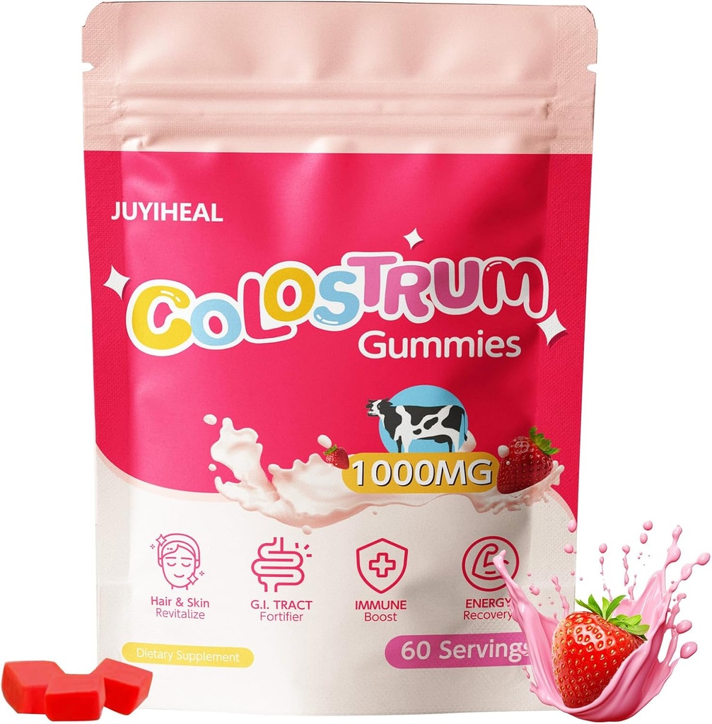 Colostrum Gummies, 1000 mg Grass Fed Colostrum Chews Colostrum Supplement for Gut Health, Hair Growth, Beauty, and Immune Support, Strawberry Flavor 60 Services