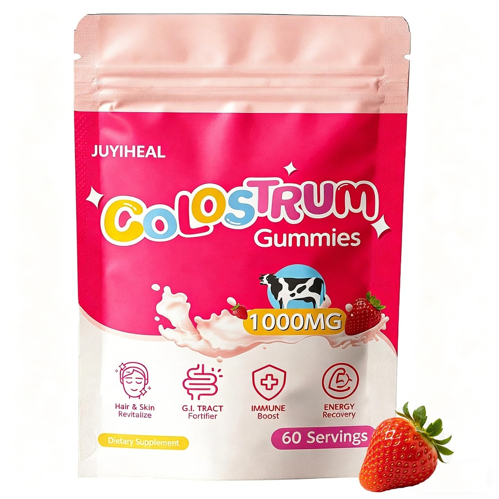 Colostrum Gummies, 1000 mg Grass Fed Colostrum Chews Colostrum Supplement for Gut Health, Hair Growth, Beauty, and Immune Support, Strawberry Flavor 60 Services