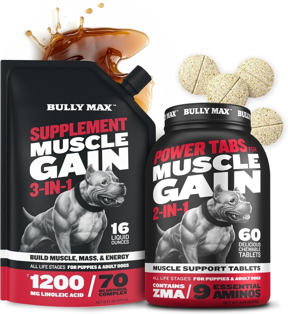 Bully Max 3-in-1 Liquid Dog Muscle Builder and Power Tabs (60 tabs) Bundle – High Protein Supplement & Chewable Multivitamins for Muscle Growth, Energy & Recovery in All Breeds, Puppies & Adult Dogs