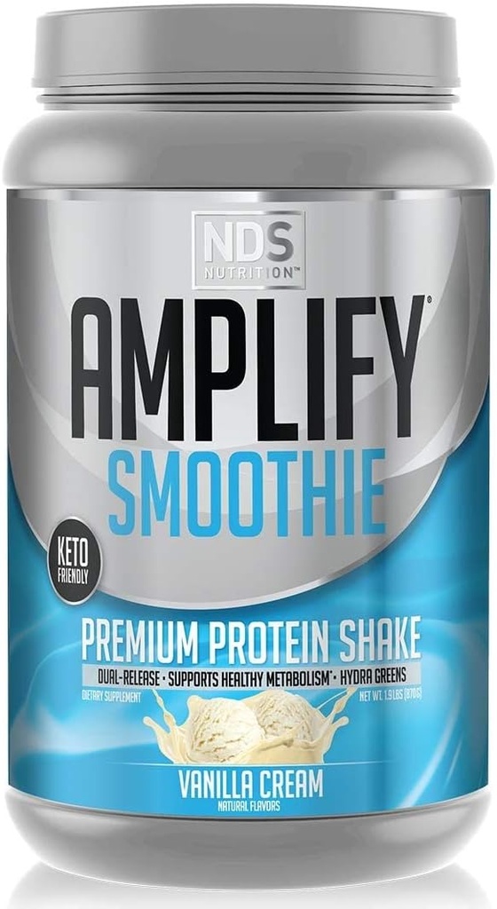 AMPLIFY NDS Nutrition Smoothie Premium Whey Protein Powder Shake with Added Greens and Amino Acids - Build Lean Muscle, Gain Strength, Lasting Energy, and Lose Fat - Vanilla (30 Servings)