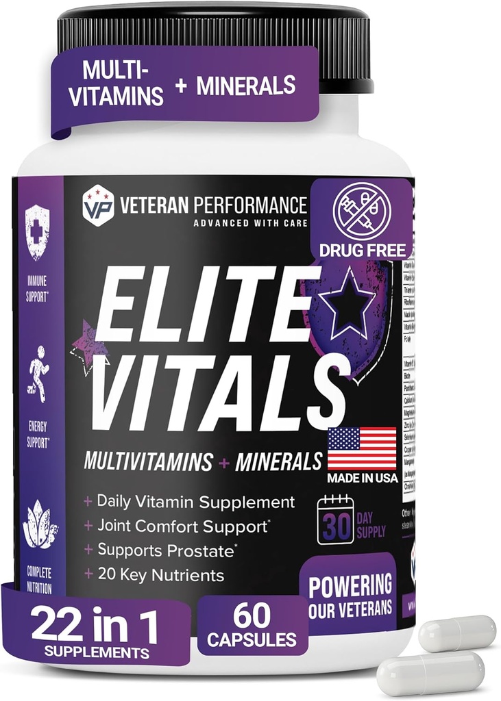 Elite Vitals – Mens Daily Multivitamin με βιταμίνη Β12, συμπλήρωμα στήριξης χωρίς γλουτένη για τον προστάτη, κοινή & ενέργεια με ψευδάργυρο, πράσινο τσάι, +20 βασικές βιταμίνες – 60 Caps
