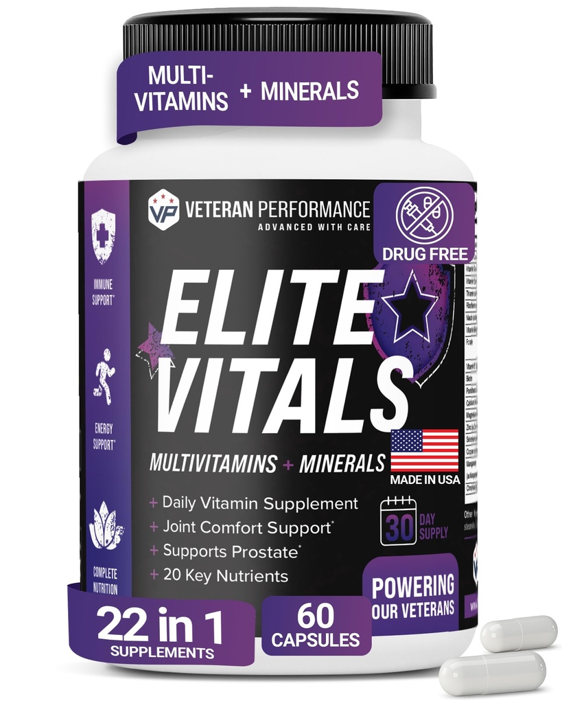 Elite Vitals – Mens Daily Multivitamin με βιταμίνη Β12, συμπλήρωμα στήριξης χωρίς γλουτένη για τον προστάτη, κοινή & ενέργεια με ψευδάργυρο, πράσινο τσάι, +20 βασικές βιταμίνες – 60 Caps