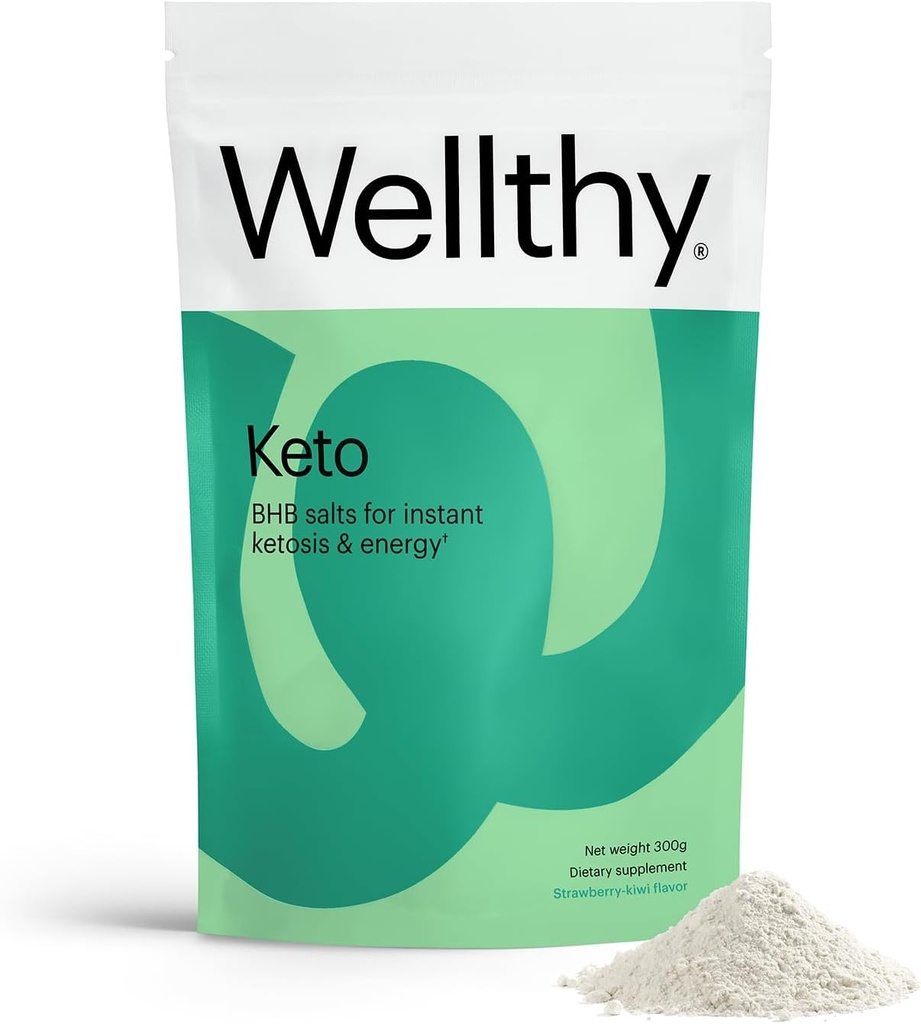 Wellthy Keto Power with BHB Salts for Instant Ketosis and Energy, Natural Strawberry Kiwi Flavor, 10.58 oz