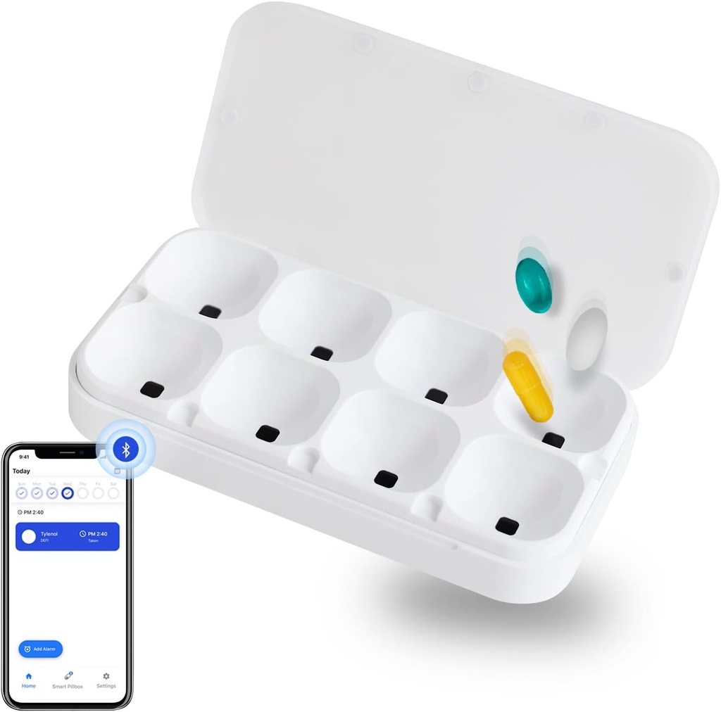 DEFI Smart Pillbox, Large, 8 Slots, Pill Organizer, Portable, Bluetooth, Easy to use, selfcare, with Alarm, Sound & Light, Daily, Compact Medicine Holder for Vitamins, Supplements, Free Reminder app.