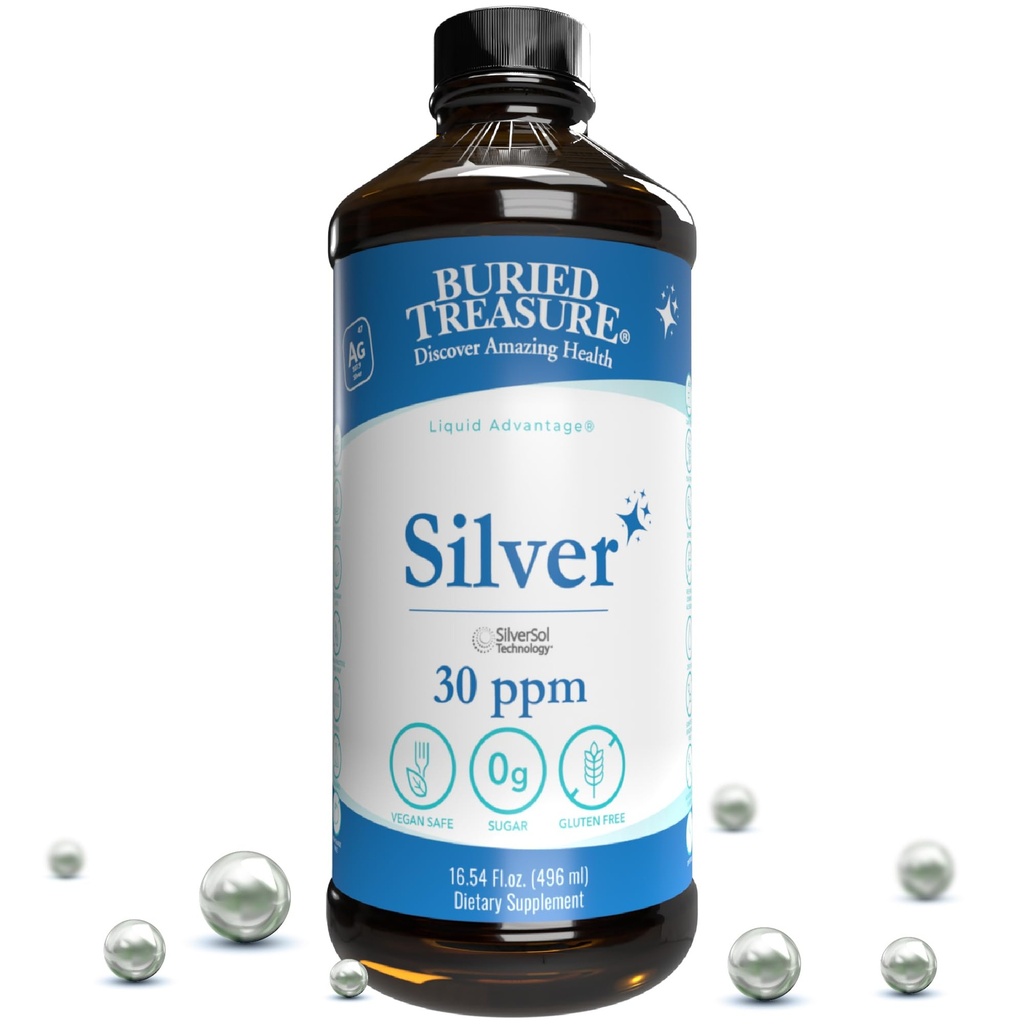 Buried Treasure Purified Silver Liquid 30 PPM - 16 oz. 96 Servings, Non-Accumulative Nano Silver Solution, Spray & Dietary Immune Supplement