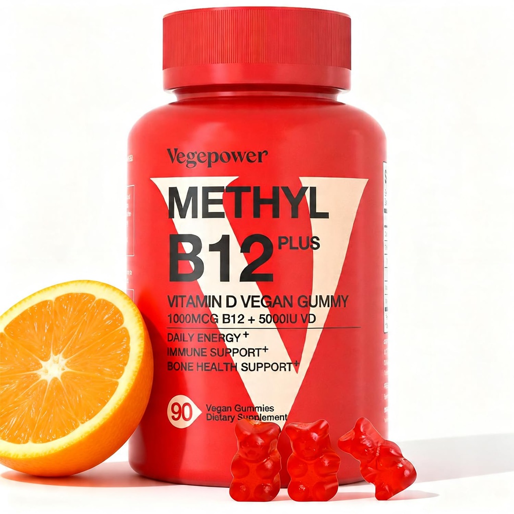 Vegan Vitamin D3 & B12 Gummies, Methyl B12 συμπλήρωμα για ενήλικες & παιδιά, Ενισχυμένη με βιταμίνη D 3 για τη φυσική ενέργεια, ανοσοποιητικό, μεταβολισμό & εστίαση, πορτοκαλί, 90 Gummies