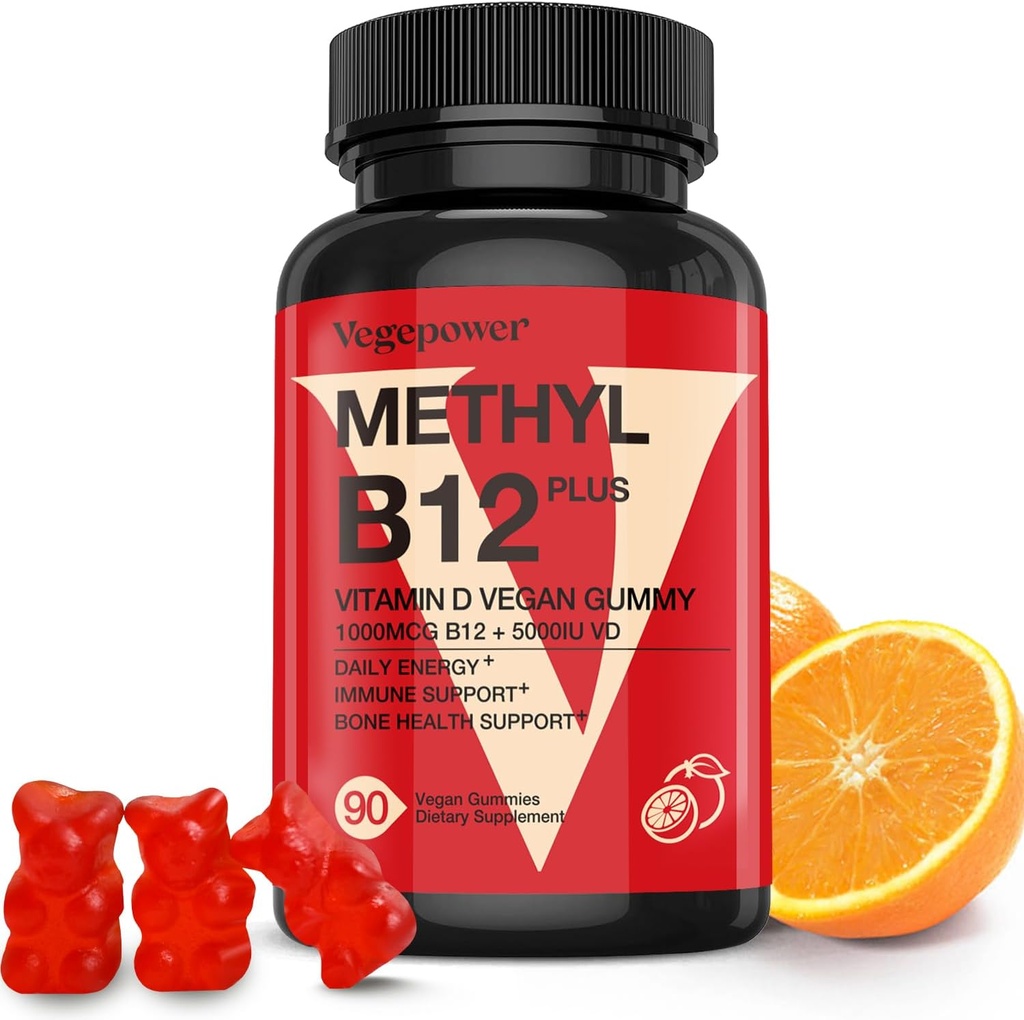 Vegan Vitamin D3 & B12 Gummies, Methyl B12 Supplement for Adults & Kids, Enhanced with Vitamin D 3 for Natural Energy, Immune, Metabolism & Focus, Orange, 90 Gummies