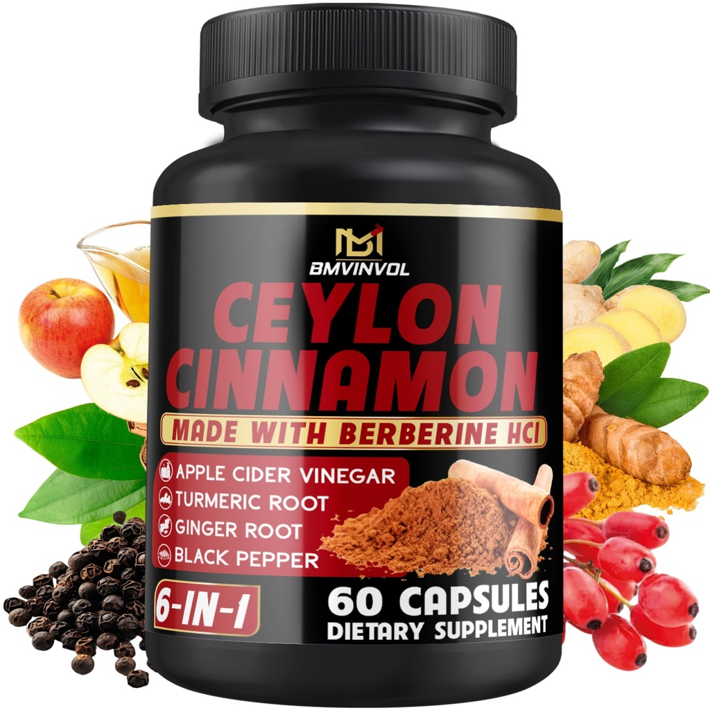 Ceylon Cinnamon Capsules with Berberine HCl, Apple Cider Vinegar, Turmeric, Ginseng, Black Pepper - 6in1 for Support Immune Function - 60 Count