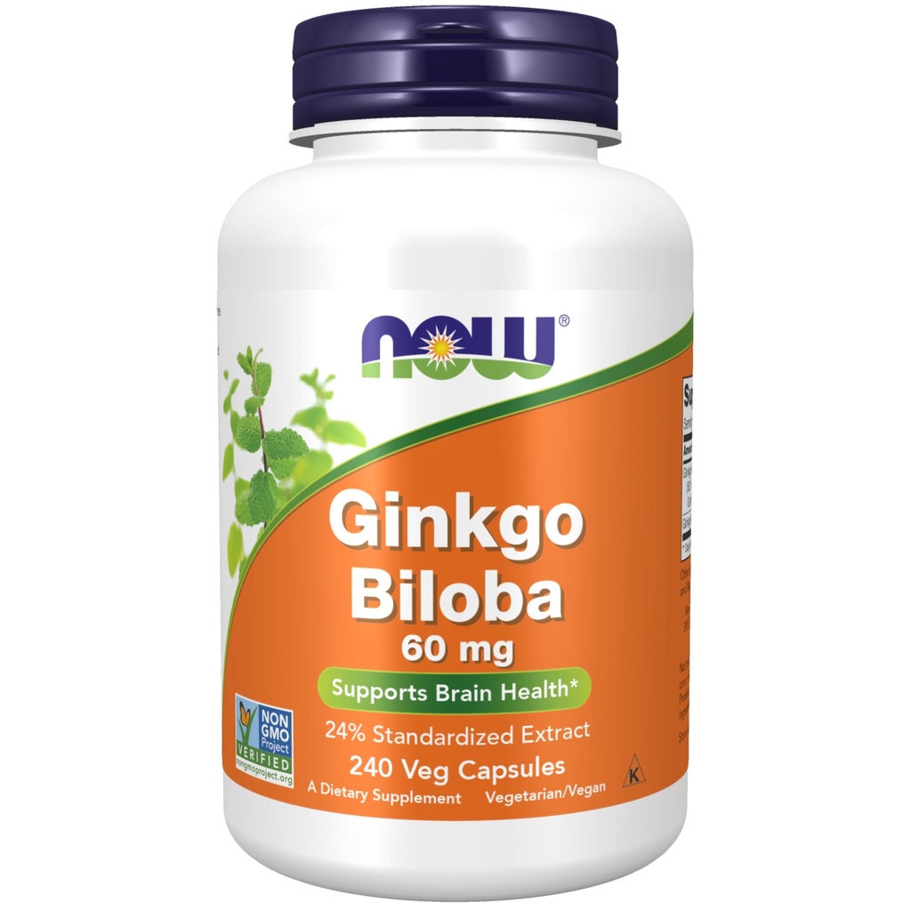 NOW Συμπληρώματα Τροφίμων, Ginkgo Biloba 60 mg, 24% Standardized Extract, Μη ΓΤΟ Έργο Επαληθευμένο, 240 κάψουλες Veg