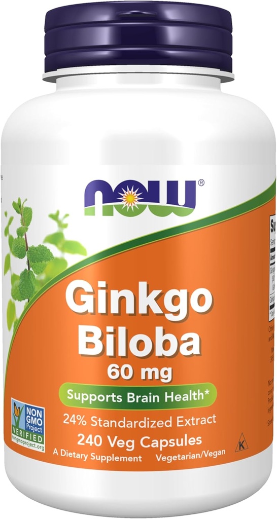 NOW Συμπληρώματα Τροφίμων, Ginkgo Biloba 60 mg, 24% Standardized Extract, Μη ΓΤΟ Έργο Επαληθευμένο, 240 κάψουλες Veg
