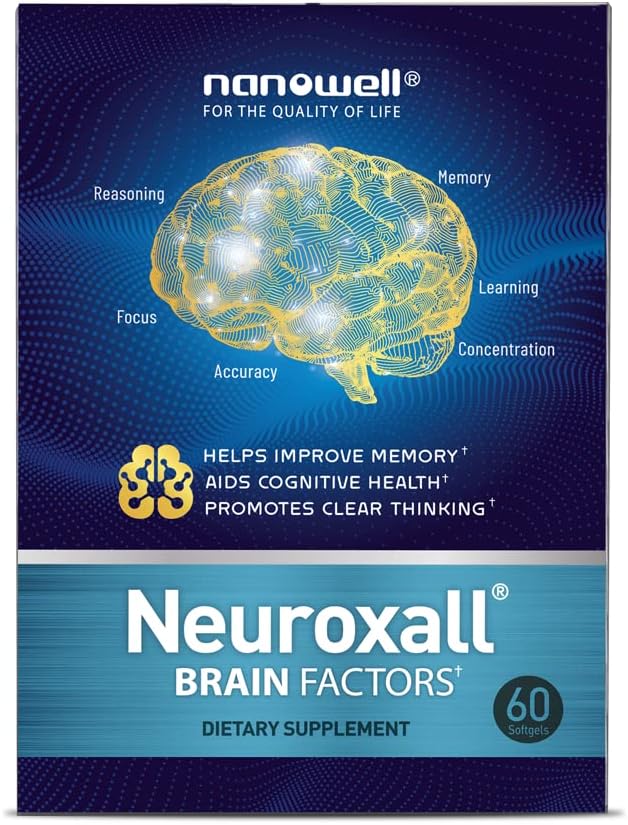 NANOWELL Neuroxall Εγκεφαλικοί Παράγοντες - Γνωστική Υποστήριξη με Βιταμίνη Β6, Ασταξανθίνη, εκχύλισμα Ginkgo Biloba & Φωσφατιδυλσερίνη - Ενισχύει την Εγκεφαλική Υγεία, Μνήμη & Εστίαση - 60 Softgels