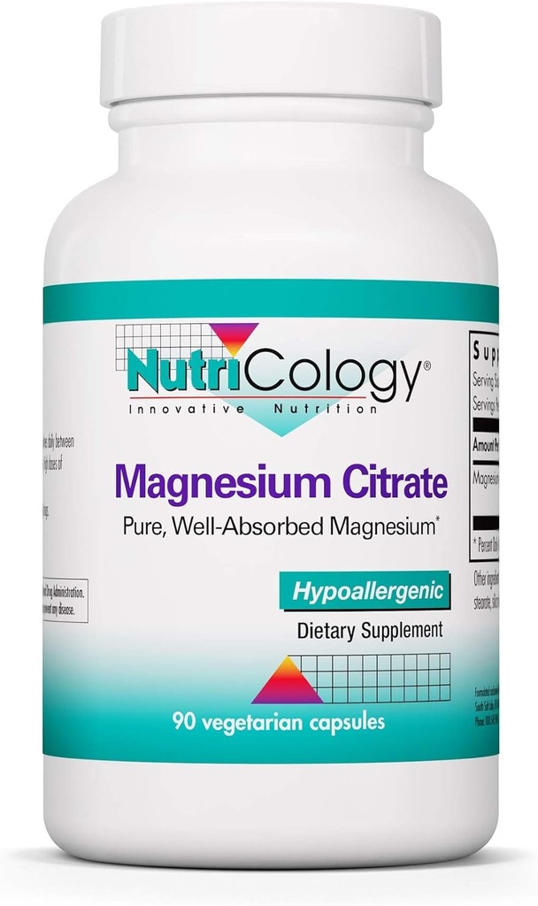 Nutricology Magnesium Citrate Supplement - Οστική υποστήριξη & στρες, καθαρό, καλά απορροφημένο, Hypoallergenic, 170mg κάψουλες χορτοφάγων - 90 Count