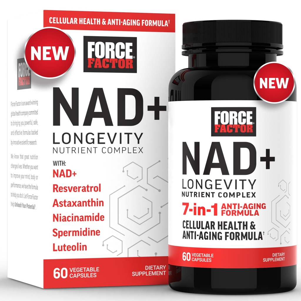 FORCE FACTOR NAD+ (NMN ή Nicotinamide Riboside Alternative) με Resσβερατρόλη, Ασταξανθίνη, Spermidine & Luteolin Complex, NAD για την υποστήριξη της κυτταρικής υγείας & υγιή γήρανση, 60 κάψουλες