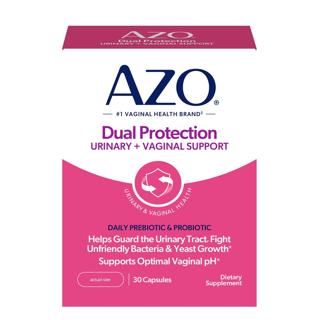 AZO Dual Protection, Urinary + Κολπική Υποστήριξη, Πρεβιοτικά και Προβιοτικά για τις γυναίκες*, αρχίζει να εργάζεται μέσα σε 24 ώρες, μη ΓΤΟ, 30 κόμης