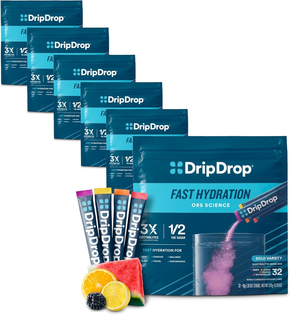 DripDrop Hydration Packets - Bold Variety Pack - Single Σερβίρετε Ηλεκτρόλυτες Powder Drink Mix - Καρπούζι, μούρο, λεμόνι, πορτοκάλι - Μη-GMO, Χωρίς γλουτένη, Vegan - 192 Sticks