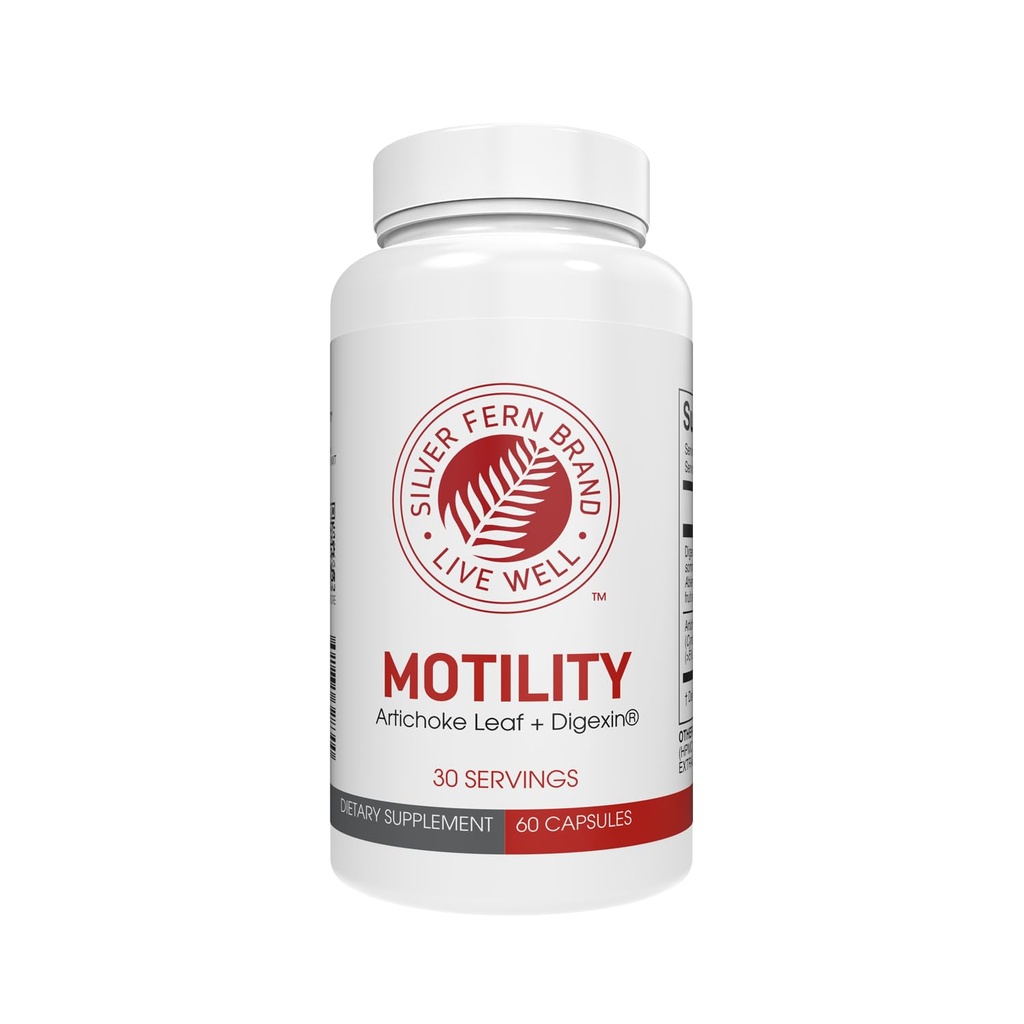 Silver Fern Brand Motiility- Μη-Λακτική δυσκοιλιότητα και αργή ενίσχυση κινητικότητας - 60 κάψουλες, 30 ημέρες προσφοράς - Περιέχει φύλλο Artichoke, Τρυφερά Πόδια Όκρα, & Χειμωνιάτικο κερασάκι
