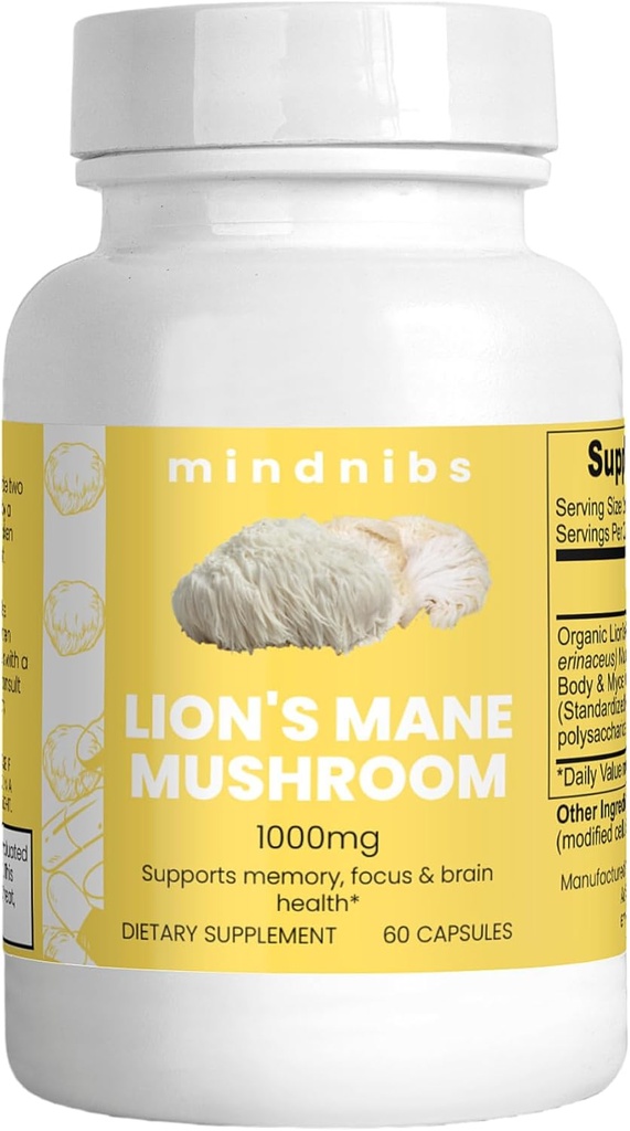Organic Lion's Mane Mushroom Capsules 1000mg - Cognitive Support, Neuroprotective Nootropics, 60 Vegan Caps