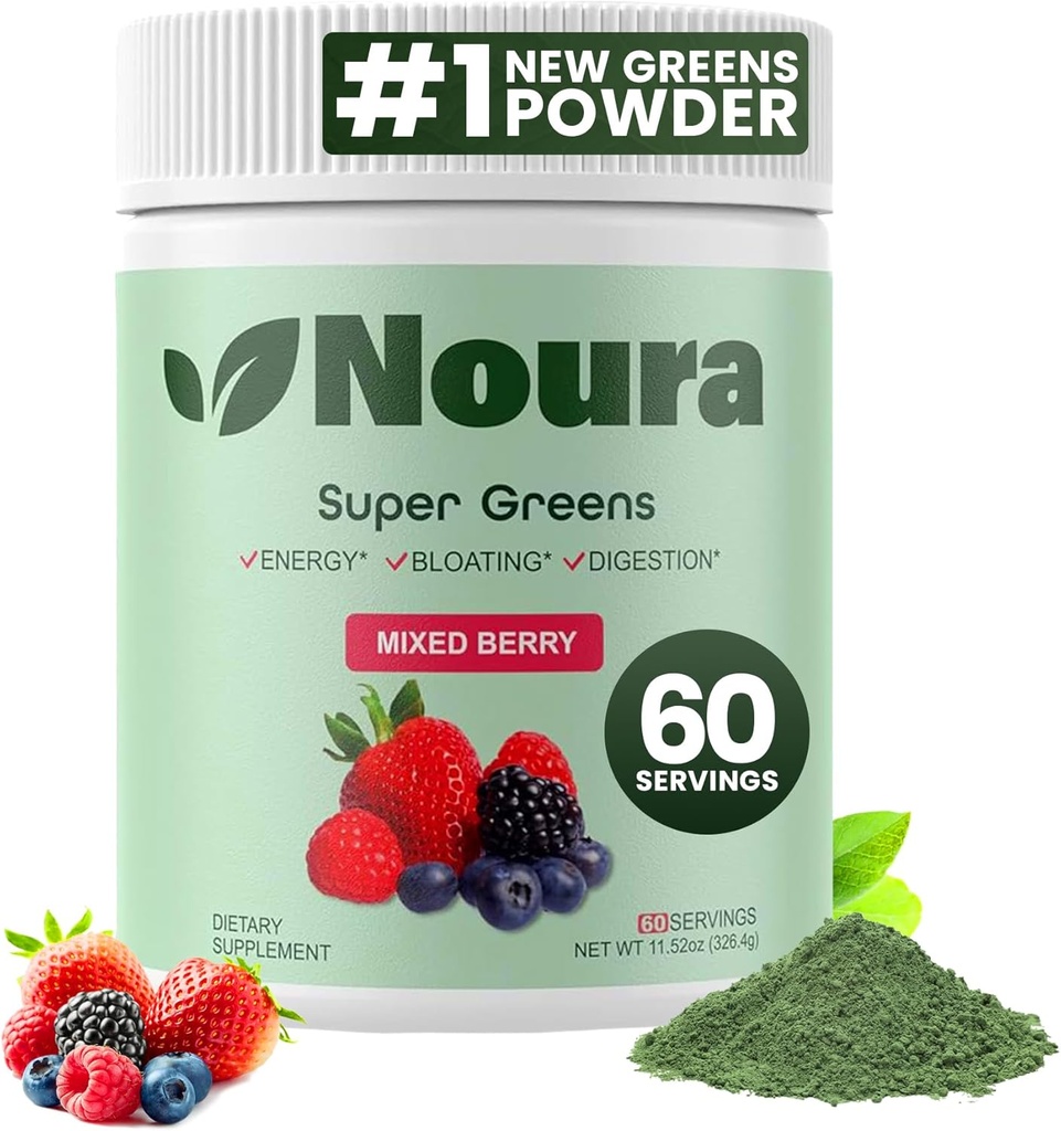 Super Greens Powder, 60 Μερίδες - Ανοσία, Digestive Enzymes & Probiotics για την ενέργεια, την υγεία των ούλων, Bloating Relief for Women - Greens Superfood Powder - Mixed Berry