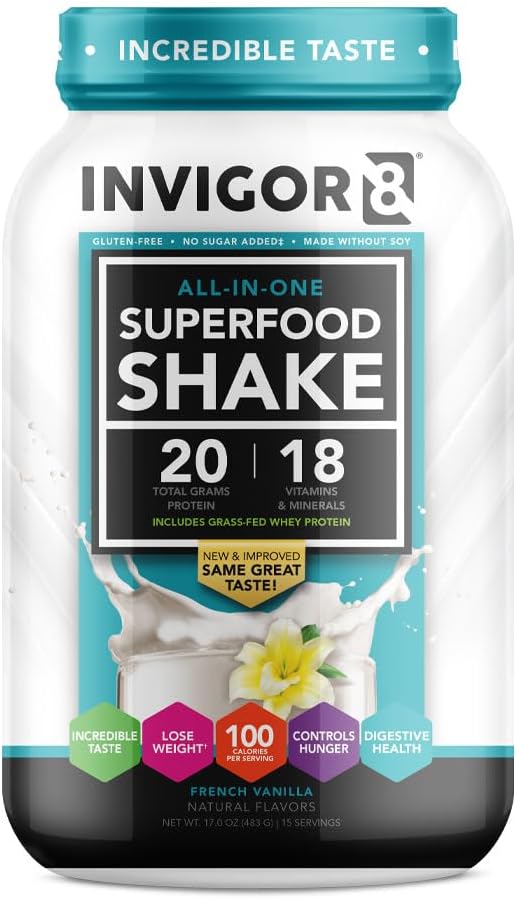 INVIGOR8 Superfood Grass Fed Whey Protein Isolate Shake French Vanilla Gluten-Free and Non GMO Meal Replacement with Probiotics and Omega 3 (483g)