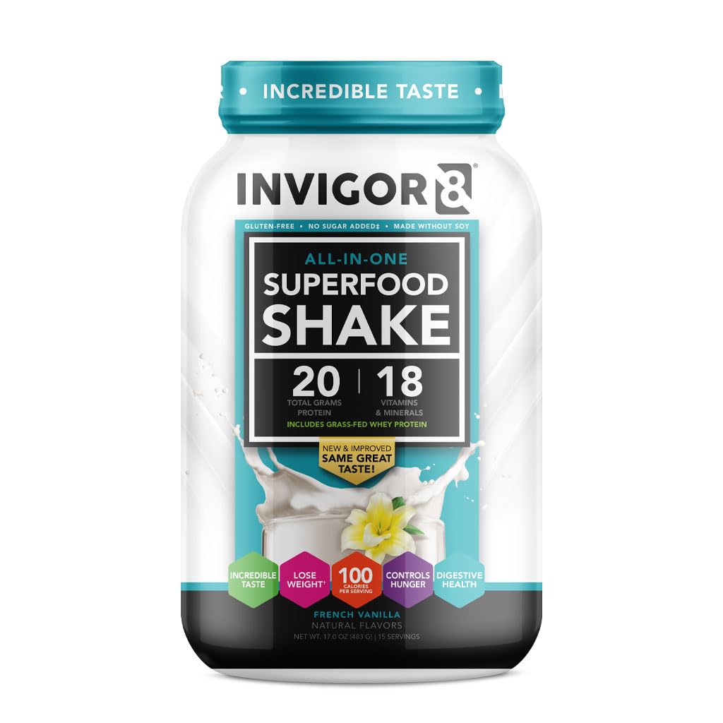 INVIGOR8 Superfood Grass Fed Whey Protein Isolate Shake French Vanilla Gluten-free and Non GMO Meal Replacement with Probiotics and Omega 3 (483g)