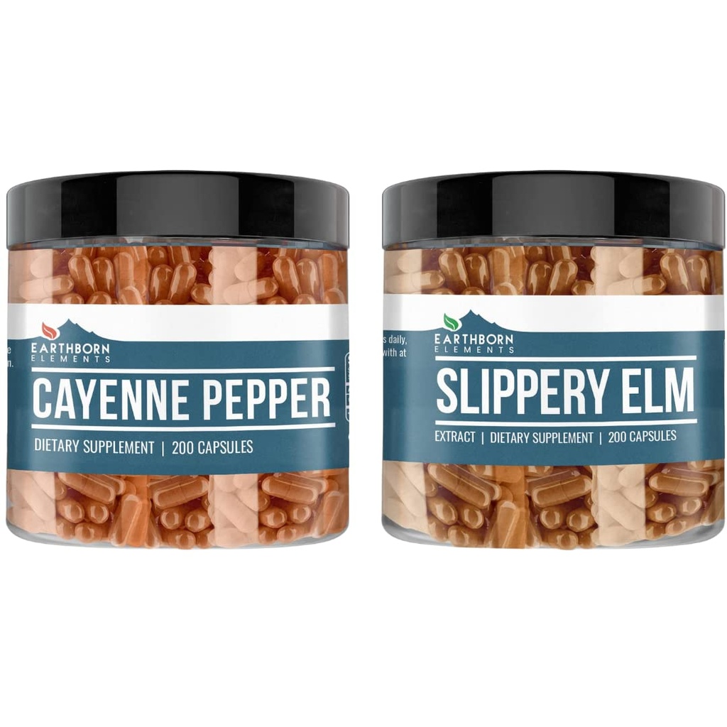 Earthborn Elements Cayenne Pepper & Slippery Elm Bundle (200 Κάψουλες Καθένα) Καθαρό & Αδιάλυτο, Χωρίς Πρόσθετα
