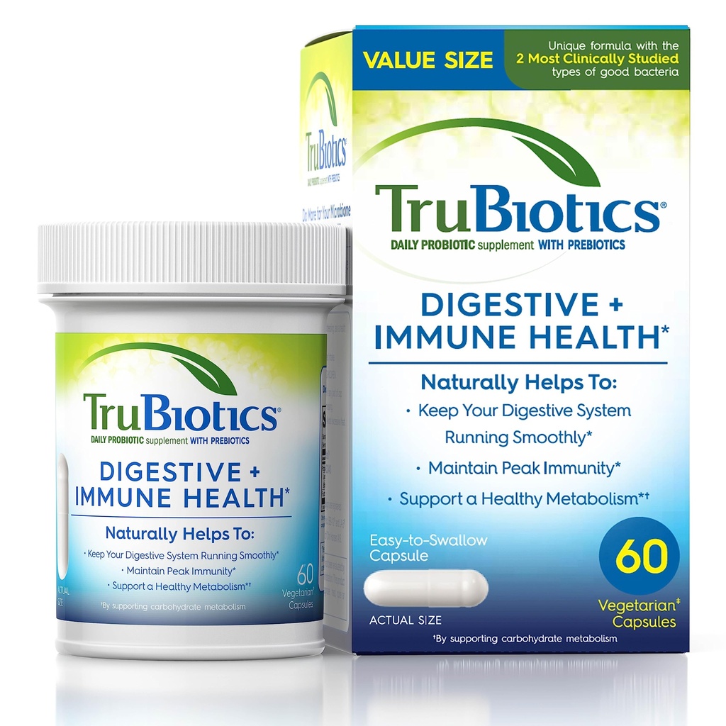 Προβιοτικά Trubiotics για την Digestive & ανοσοποιητική υγεία, υποστηρίζει την κανονικότητα και βοηθά να ανακουφίσει την κοιλιακή δυσφορία, το αέριο και την αναρρόφηση, 2 κλινικά Σπουδασμένα προβιοτικά στελέχη, Plus Πρεβιοτικά, 60 κάψουλες