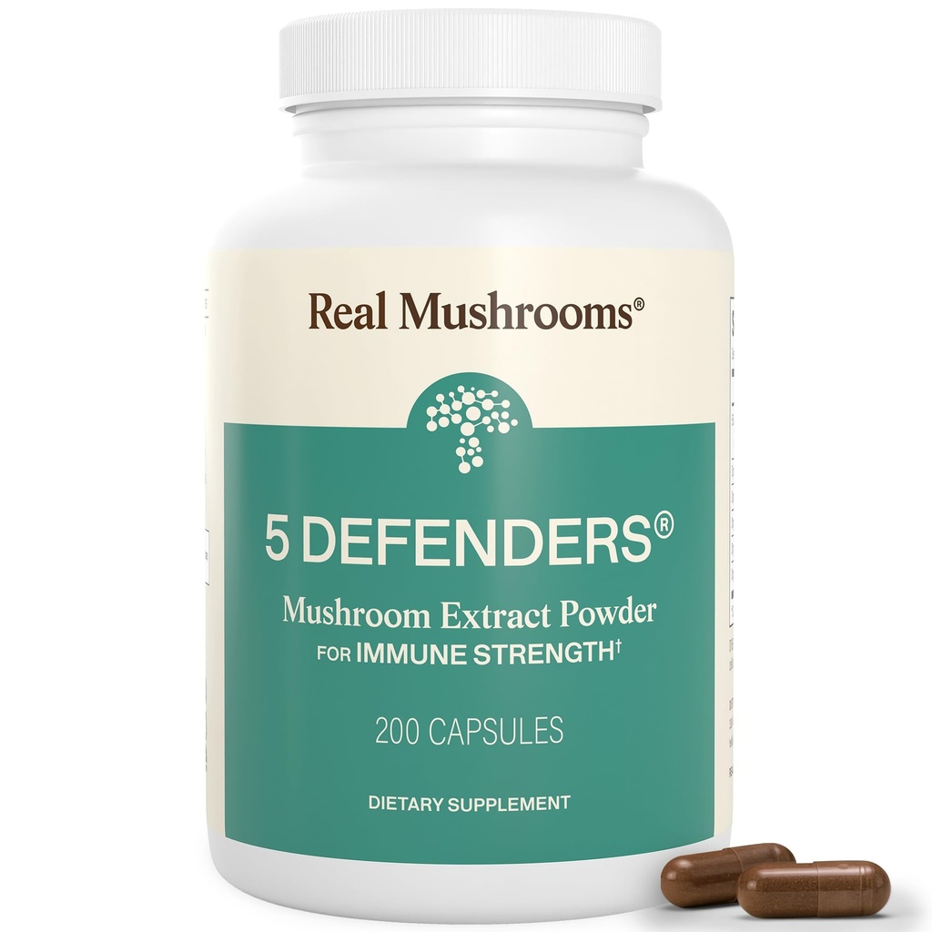 Real Mushrooms 5 Defenders Mushroom Complex – Organic Adaptogenic Mushroom Blend with Chaga, Reishi, Turkey Tail, Maitake & Shiitake for Wellness Support - Mushroom Beta Glucan Κάψουλες - 200 Count