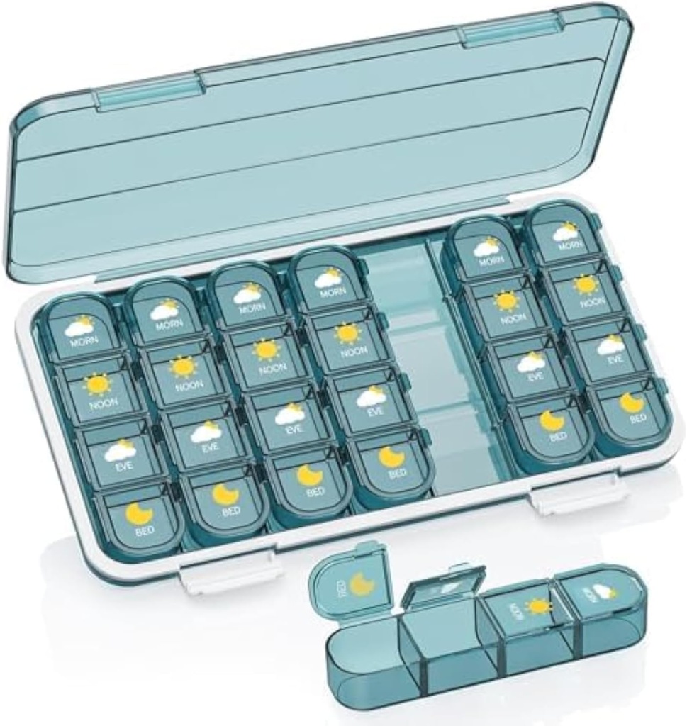 Pill Organizer 4 φορές την ημέρα, Pill Box 4 φορές την ημέρα 7 ημέρα - Acedada Εβδομαδιαία ιατρική κουτί Organizer με ξεχωριστή περίπτωση, Φορητό Daily Pill δοχείο για τη βιταμίνη, ιχθυέλαια, συμπληρώματα, μπλε