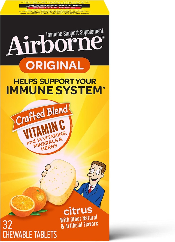Airborne Vitamin C 1000mg (ανά υπηρεσία) Citrus Chewable Tables (32 Count in a Box), Gluten-free Immune Support Supplement, με Βιταμίνες A C E, ZINC, Selenium, Echinacea & Ginger, Αντιοξειδωτικά
