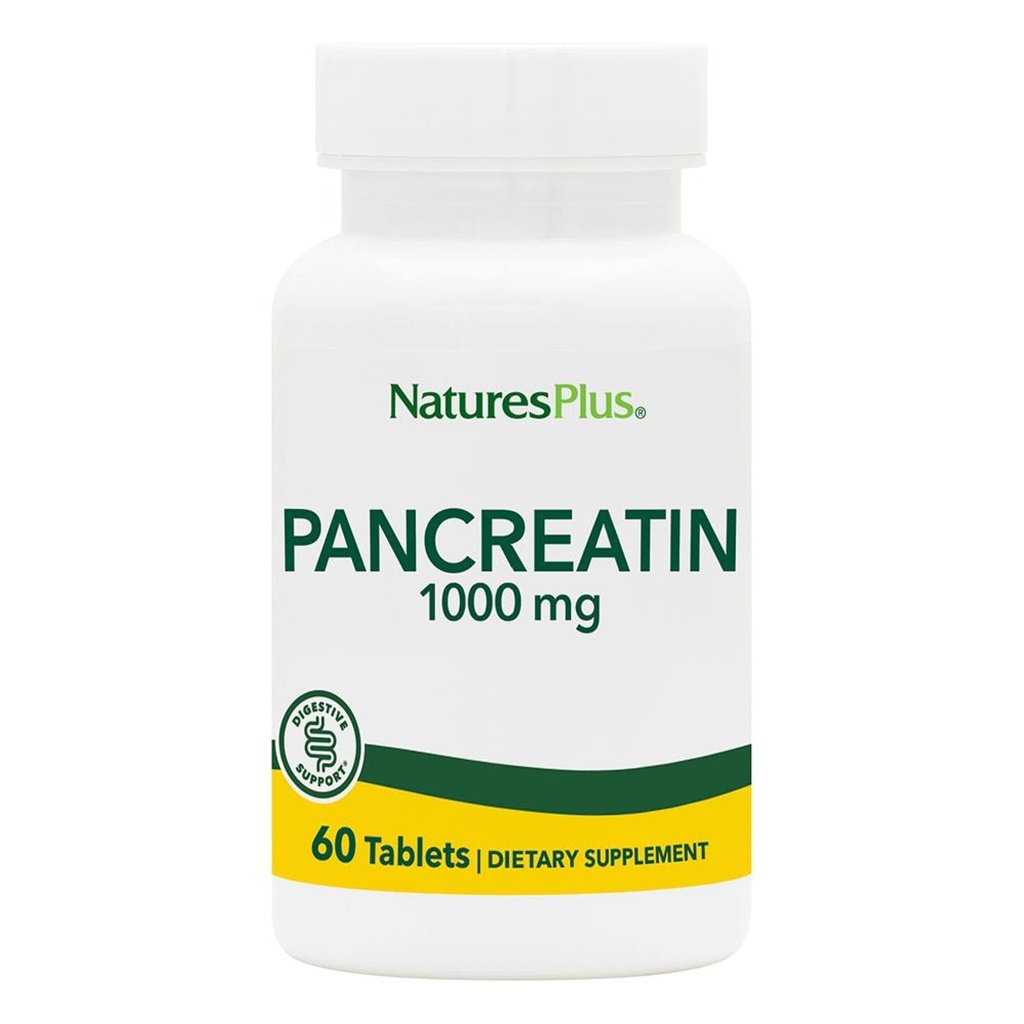 Natures Plus Pancreatin - 1000 mg, 60 δισκία - Φυσικό Digestive Enzyme Συμπλήρωμα για τη Γαστρεντερική Υποστήριξη - Περιέχει αμυλάση, Πρωτεάση & Λιπάση - Χωρίς γλουτένη - 60 σερβιρίσματα