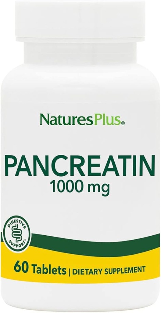Natures Plus Pancreatin - 1000 mg, 60 Tablets - Natural Digestive Enzyme Supplement for Gastrointestinal Support - Contains Amylase, Protease & Lipase - Gluten-Free - 60 Servings