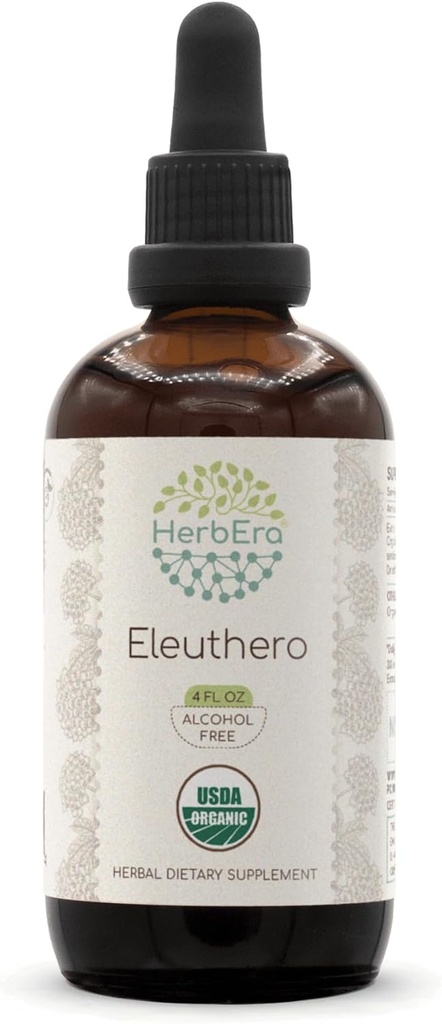HerbEra Eleuthero B120 USDA Organic Tincture | Alcohol-Free Extract, High-Potency Herbal Drops | Certified Organic Eleuthero (Eleutherococcus Senticosus, Siberian Ginseng) Dried Root (4 oz)