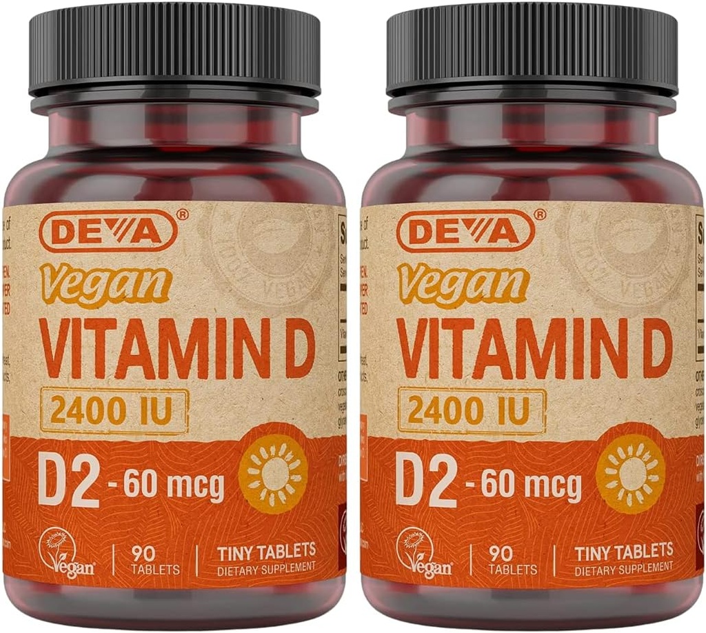 DEVA Vegan Vitamin D2 60 mcg 2400 IU, συμπλήρωμα εργοκαλσιφερόλης χωρίς συστατικά ζώων, 90 δισκία (πακέτο του 2)