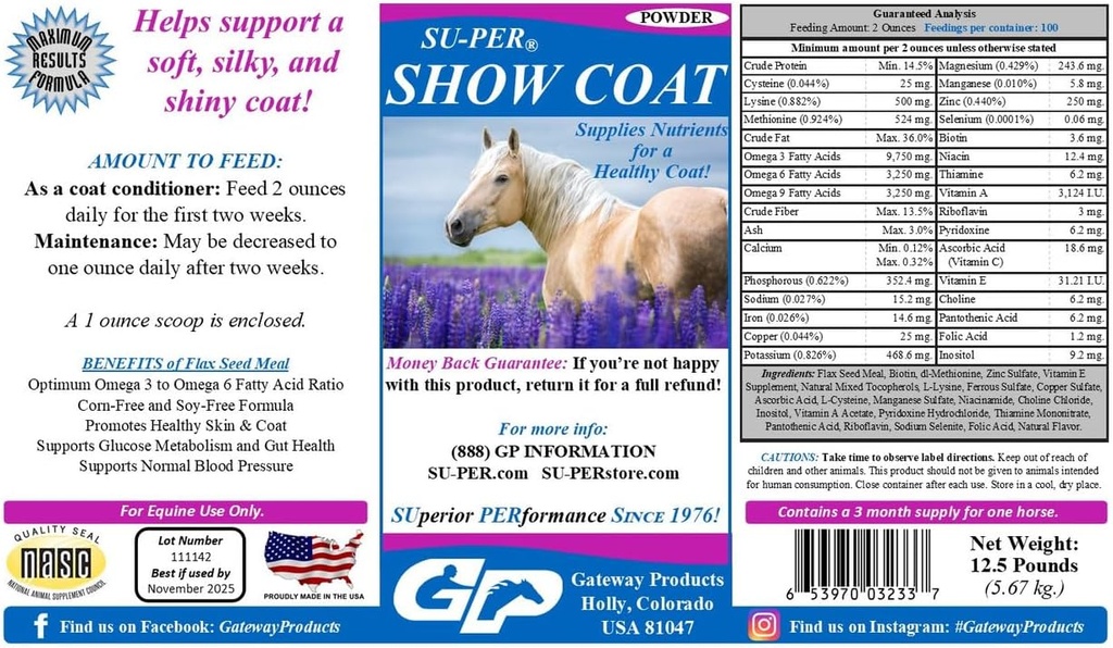 SU-PER Show Coat Supplement for Horses - Υποστηρίζει μαλακό, Silky, και γυαλιστερό παλτό - Γρηγορότερη ανάπτυξη χαίτη και ουράς - Αμινοξέα, B-Complex Βιταμίνες και Ορυκτά - 12,5 Λίρες, 3 Μήνες Προσφορά