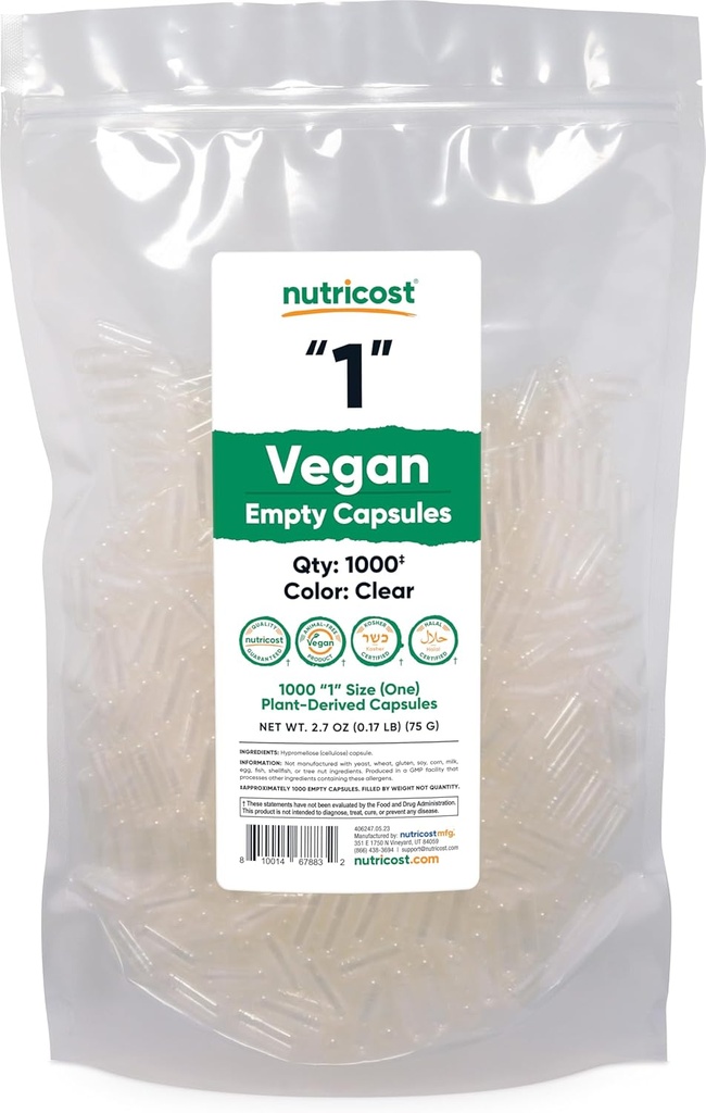 Nutricost Κενές κάψουλες Μέγεθος 1 Vegan - 1.000 Clear Κενές κάψουλες με βάση το φυτό - Kosher Certified, Halal Certified, Μη ΓΤΟ, Χωρίς σόγια, Χωρίς γλουτένη, Χορτοφαγικά