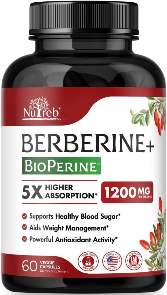 Berberine Supplement 1200mg - 5X Higher Absorption - Ultra Pure 98% Berberine HCL - Healthy Weight Management, Immune Support - Non GMO, Manufactured in USA - 60 Vegan Capsules