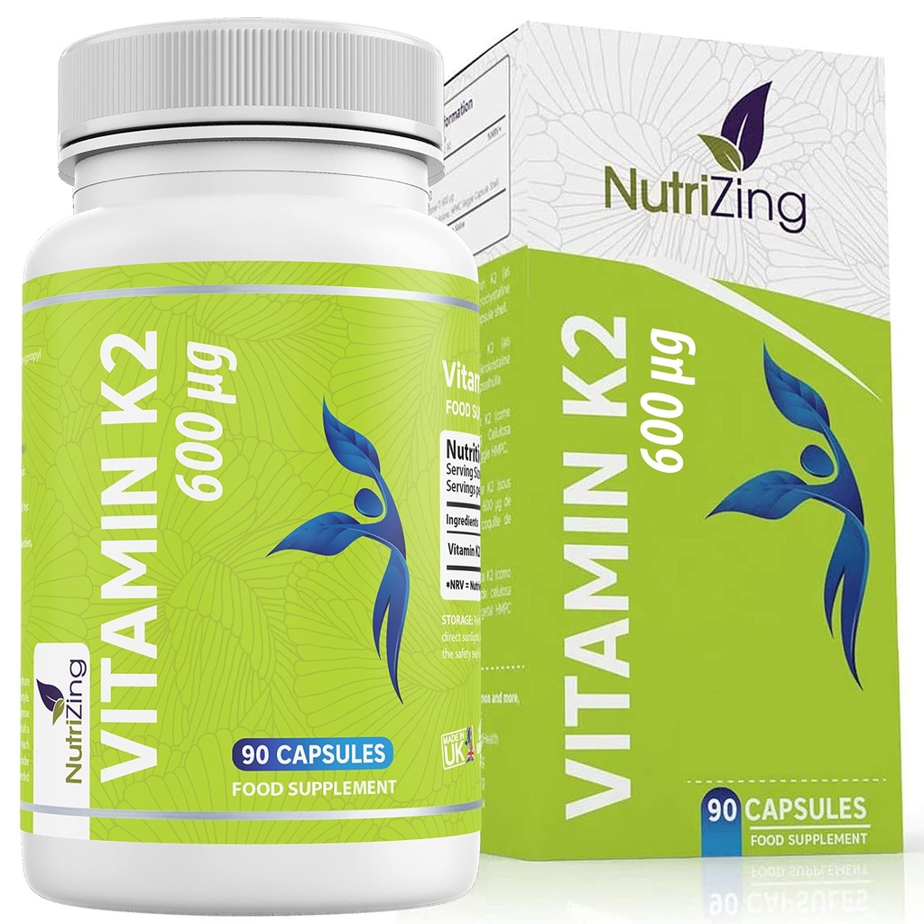 NutriZing K2 συμπλήρωμα βιταμίνης MK-7 - Υψηλή δύναμη 600mcg - Υποστηρίζει τα οστά & την αρτηριακή υγεία - 90 κάψουλες Vegan - βιταμίνη K2 για άνδρες και γυναίκες - 3 μήνες προσφοράς