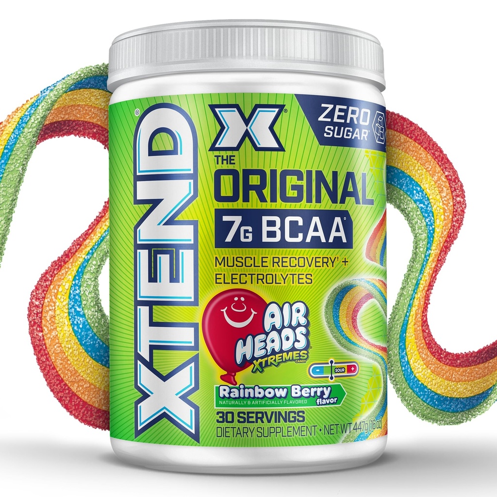 Xtend Original BCAA σκόνης Airheads Rainbow Berry Flavor, 7g BCAA και 2.5g L-Γλουταμίνη, ζάχαρη δωρεάν μετά την προπόνηση μυϊκή αποκατάσταση ποτό με Αμινοξέα για άνδρες και γυναίκες, 30 εξυπηρετούν
