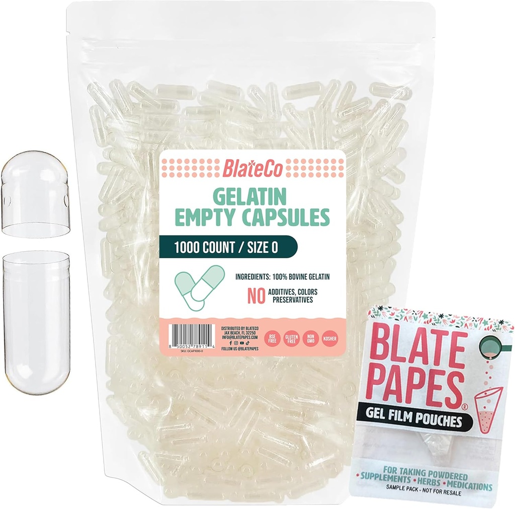 BlateCo Premium Size 0 Empty Gelatin Capses, 1000 Count (Clear) with Blate Papes® Gel Film Pouches - Νέα, μη ΓΤΟ πληρώσιμα χάπια σε μια επαναχρησιμοποιήσιμη τσάντα - Τίποτα τεχνητό, ποτέ.