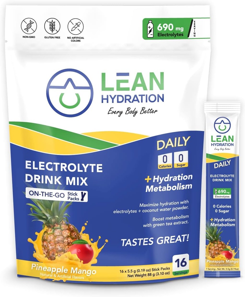 Lean Hydration Daily Electrolyte Packets Drink Mix | Zero Calories, Zero Sugar plus Vitamins, Minerals & More | 16 ct (Pineapple Mango)
