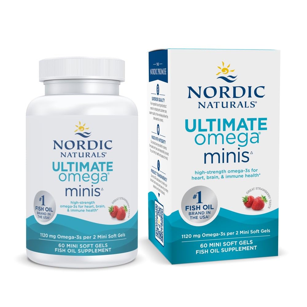Nordic Naturals Ultimate Omega Minis, Strawberry Flavor - 60 Minis Soft Gels - 1120 mg Omega-3 - Συμπλήρωμα ιχθυελαίου υψηλής ισχύος - EPA & DHA - Προάγει την υγεία του εγκεφάλου και της καρδιάς - 30 Υπηρεσίες