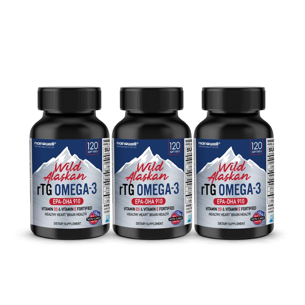 NANOWELL Wild Alaskan rTG Omega-3 Fish Oil 1196mg - EPA, DHA, βιταμίνη D3 & E - 120 Softgels x 3 μπουκάλια (360 Count)
