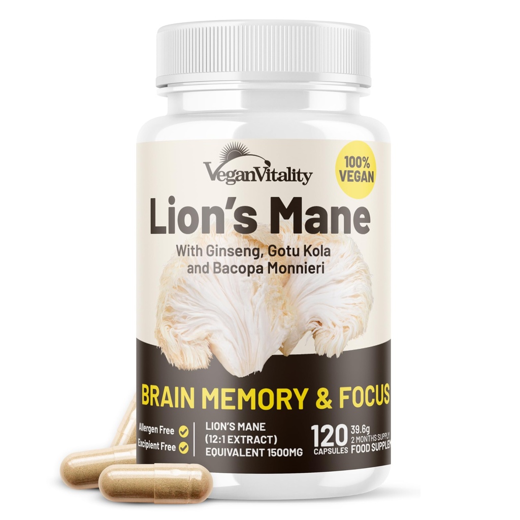 Vegan Vitality Lions Mane συμπλήρωμα κάψουλες - Nootropic συμπλήρωμα υποστήριξης εγκεφάλου, Lions Mane Mushroom Extract κάψουλες - 120 Vegan Bakopa Monnieri, Gotu Kola, Ginseng